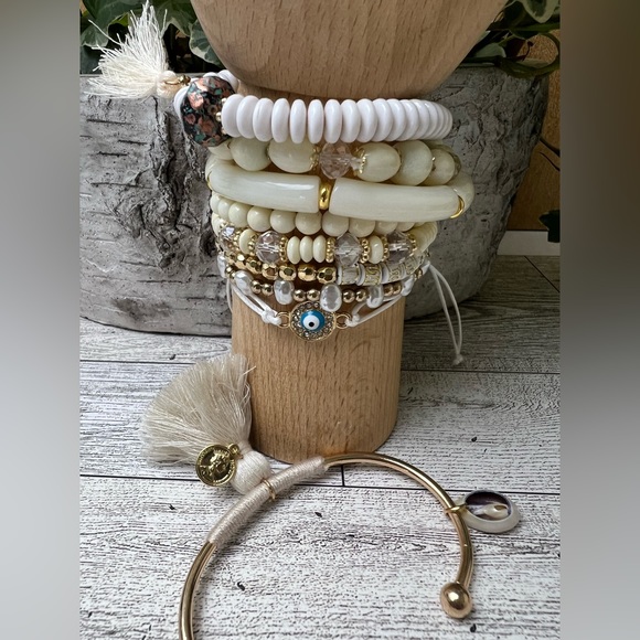 Stylish White & Cream Bead Layered Bracelets Set -Elegant Mixed Bracelets Set - Picture 1 of 10